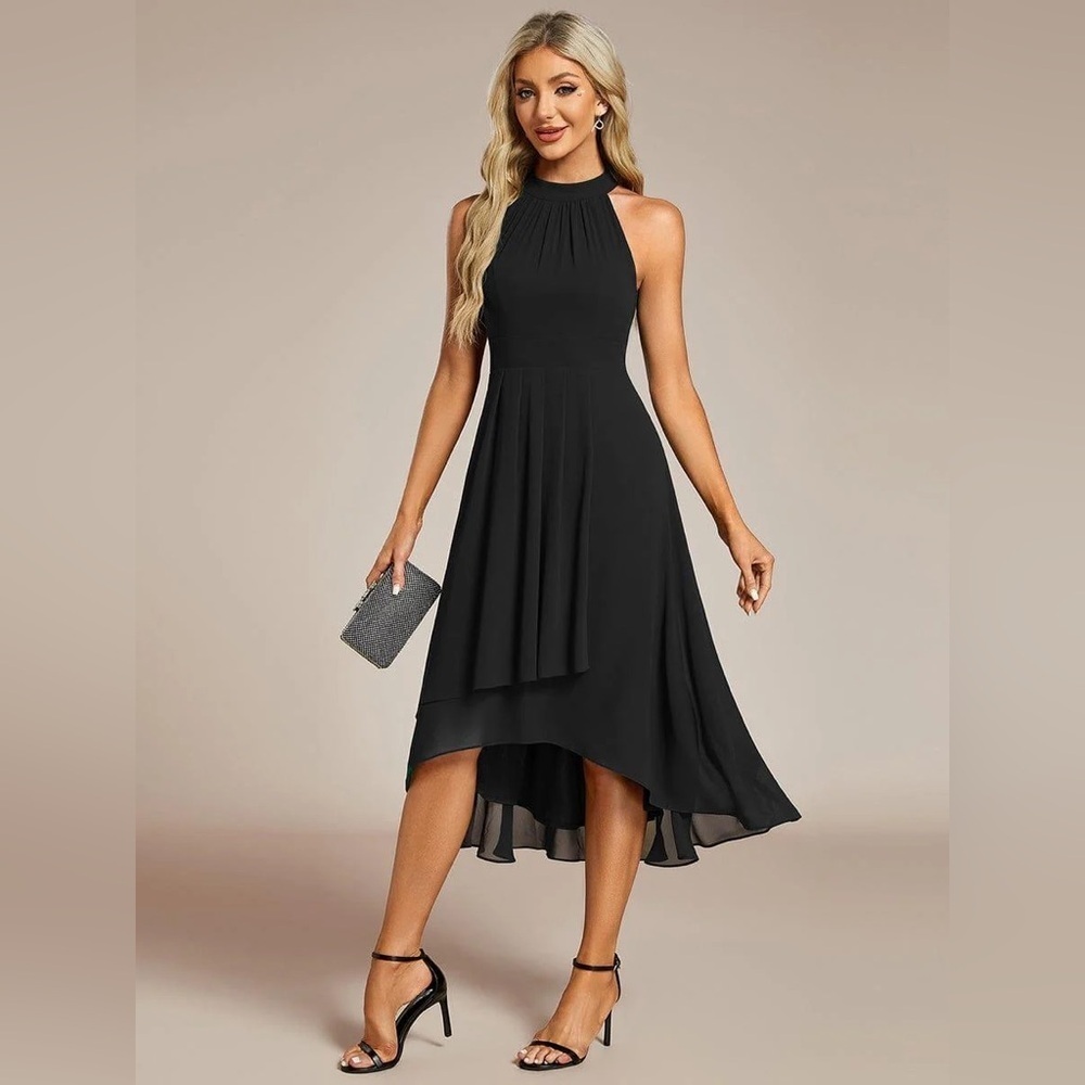 🆕 Midi Halter Neck Chiffon Wedding Guest Dress with Sleeveless and A-Line